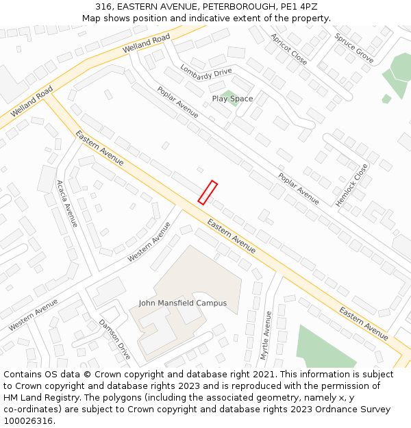 316, EASTERN AVENUE, PETERBOROUGH, PE1 4PZ: Location map and indicative extent of plot