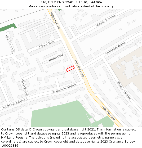 316, FIELD END ROAD, RUISLIP, HA4 9PA: Location map and indicative extent of plot