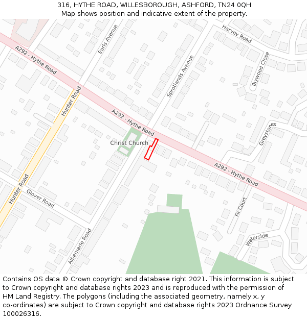 316, HYTHE ROAD, WILLESBOROUGH, ASHFORD, TN24 0QH: Location map and indicative extent of plot