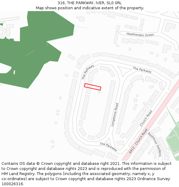 316, THE PARKWAY, IVER, SL0 0RL: Location map and indicative extent of plot