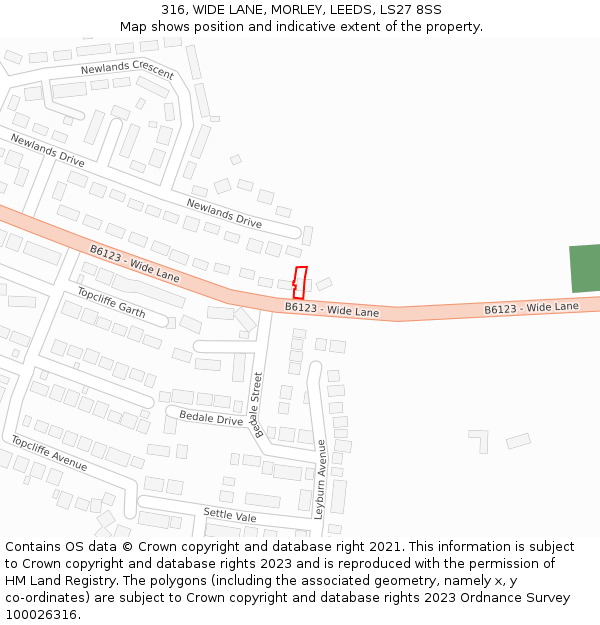 316, WIDE LANE, MORLEY, LEEDS, LS27 8SS: Location map and indicative extent of plot