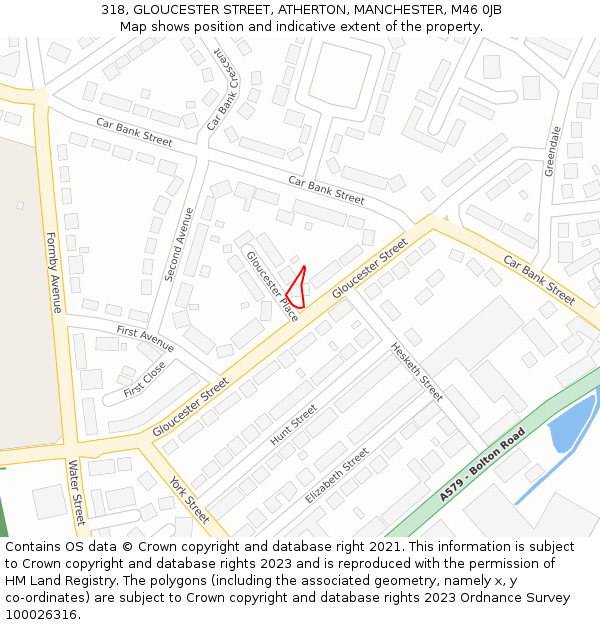 318, GLOUCESTER STREET, ATHERTON, MANCHESTER, M46 0JB: Location map and indicative extent of plot