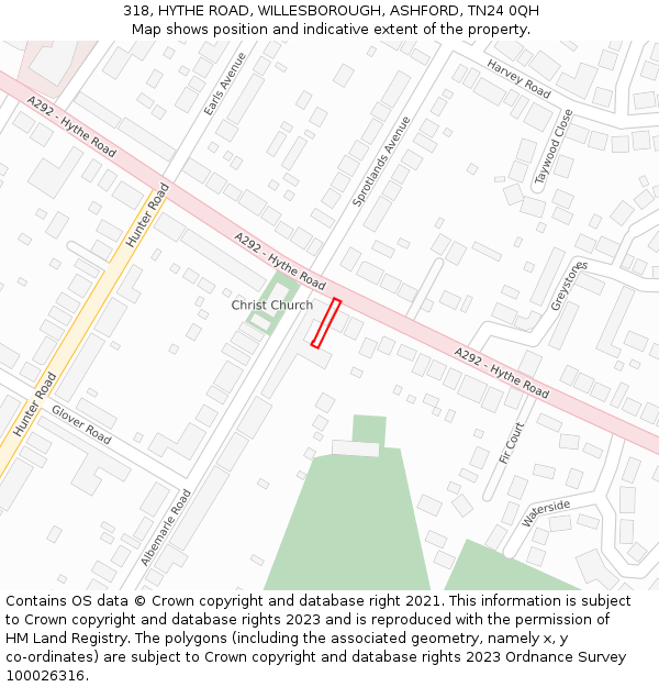 318, HYTHE ROAD, WILLESBOROUGH, ASHFORD, TN24 0QH: Location map and indicative extent of plot