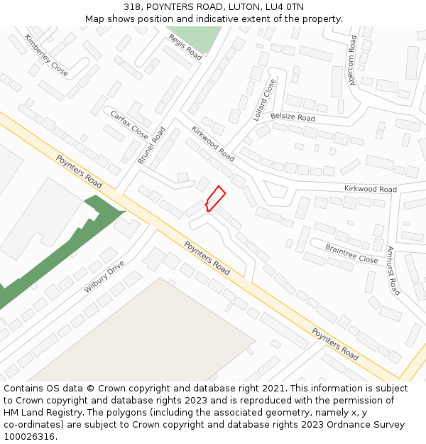 318, POYNTERS ROAD, LUTON, LU4 0TN: Location map and indicative extent of plot