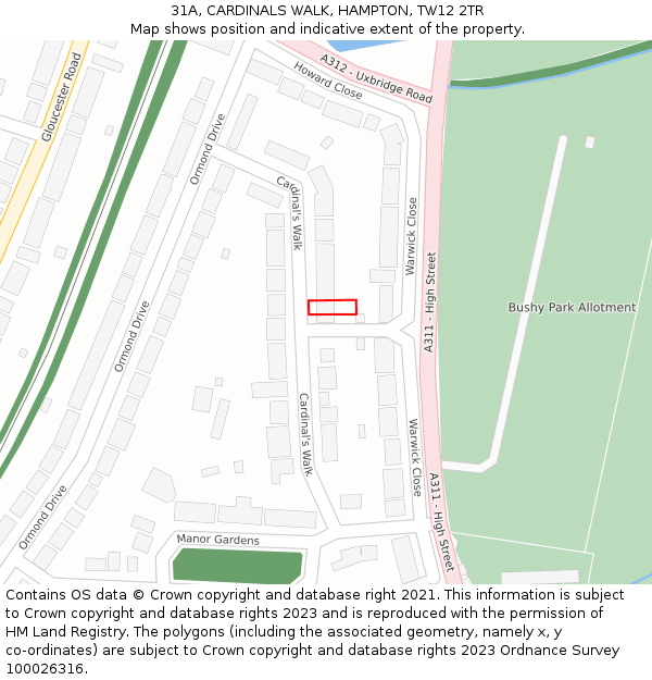 31A, CARDINALS WALK, HAMPTON, TW12 2TR: Location map and indicative extent of plot