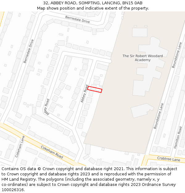 32, ABBEY ROAD, SOMPTING, LANCING, BN15 0AB: Location map and indicative extent of plot