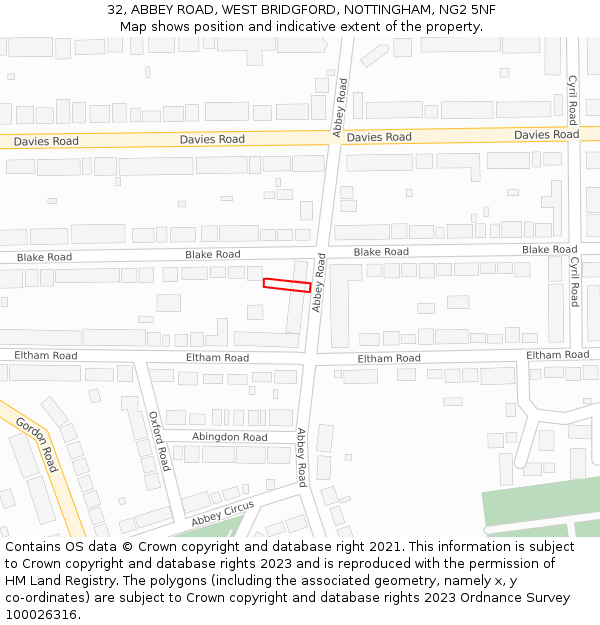 32, ABBEY ROAD, WEST BRIDGFORD, NOTTINGHAM, NG2 5NF: Location map and indicative extent of plot