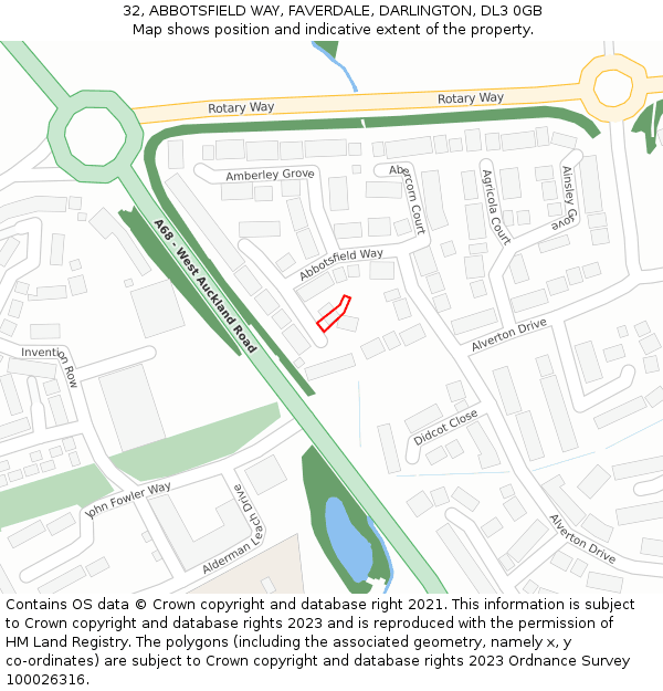 32, ABBOTSFIELD WAY, FAVERDALE, DARLINGTON, DL3 0GB: Location map and indicative extent of plot