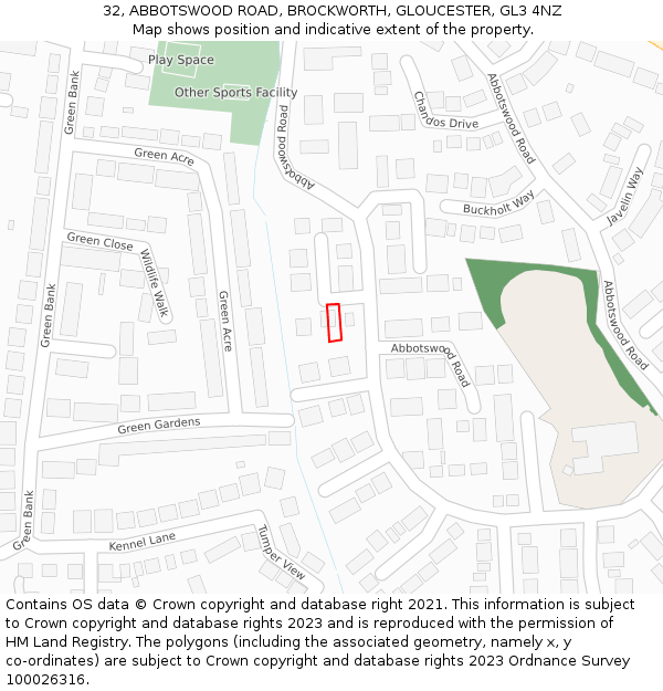 32, ABBOTSWOOD ROAD, BROCKWORTH, GLOUCESTER, GL3 4NZ: Location map and indicative extent of plot