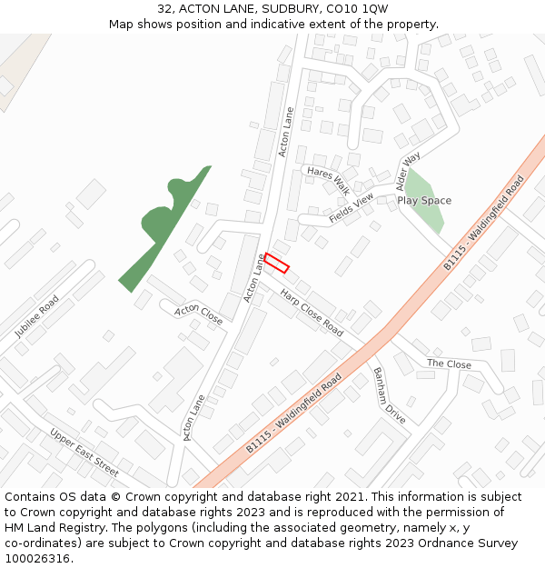 32, ACTON LANE, SUDBURY, CO10 1QW: Location map and indicative extent of plot