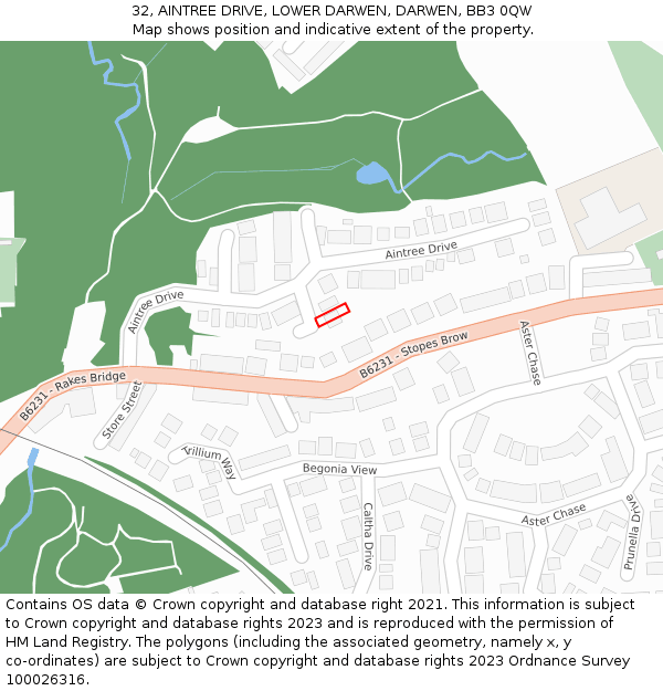 32, AINTREE DRIVE, LOWER DARWEN, DARWEN, BB3 0QW: Location map and indicative extent of plot