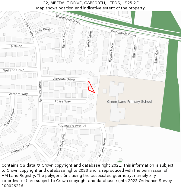 32, AIREDALE DRIVE, GARFORTH, LEEDS, LS25 2JF: Location map and indicative extent of plot