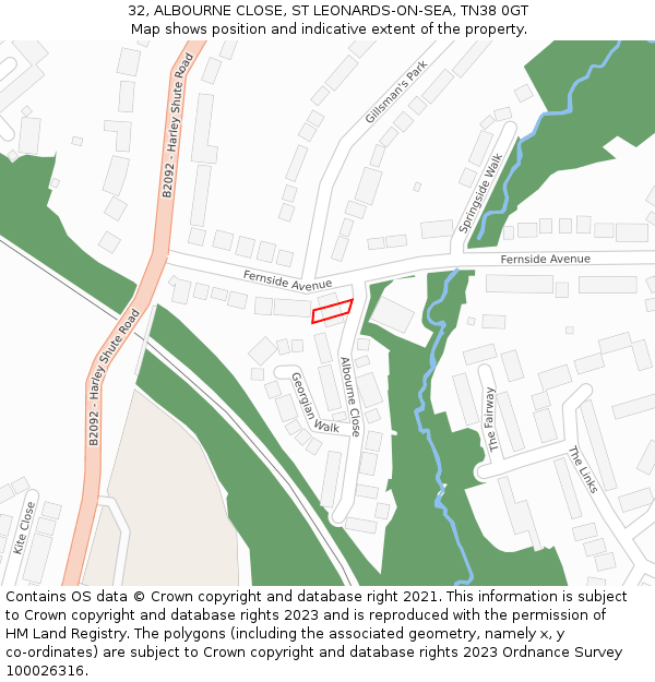 32, ALBOURNE CLOSE, ST LEONARDS-ON-SEA, TN38 0GT: Location map and indicative extent of plot
