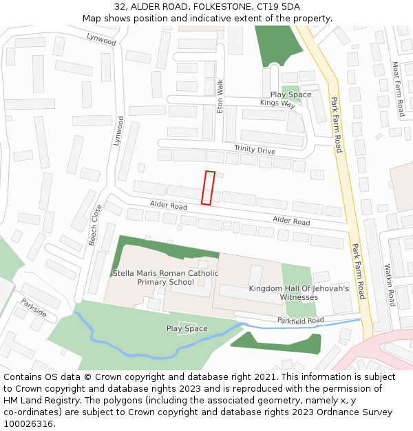 32, ALDER ROAD, FOLKESTONE, CT19 5DA: Location map and indicative extent of plot