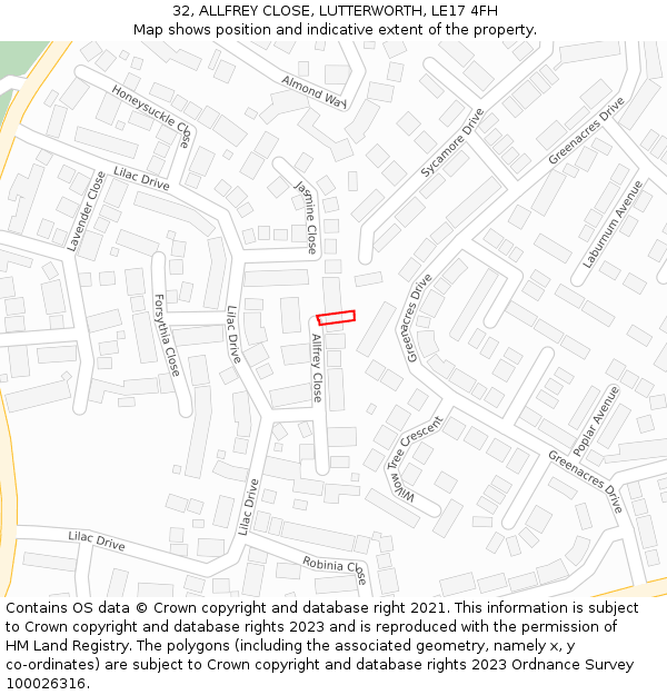 32, ALLFREY CLOSE, LUTTERWORTH, LE17 4FH: Location map and indicative extent of plot