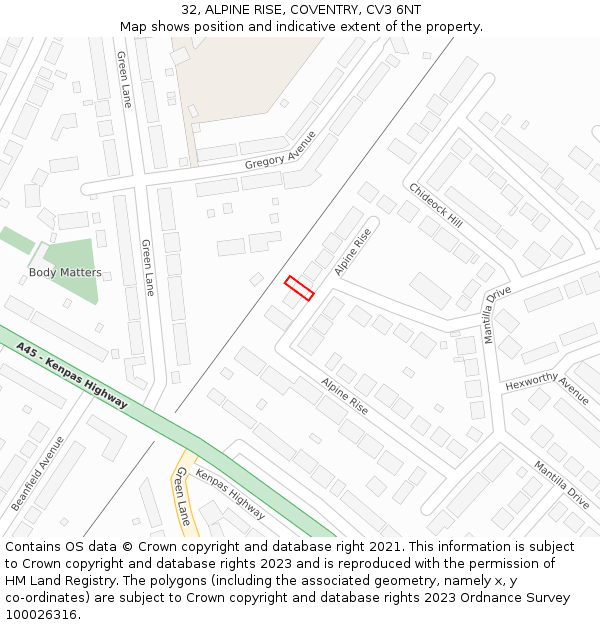 32, ALPINE RISE, COVENTRY, CV3 6NT: Location map and indicative extent of plot