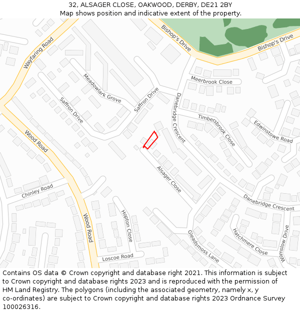 32, ALSAGER CLOSE, OAKWOOD, DERBY, DE21 2BY: Location map and indicative extent of plot