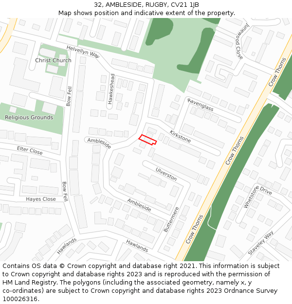 32, AMBLESIDE, RUGBY, CV21 1JB: Location map and indicative extent of plot
