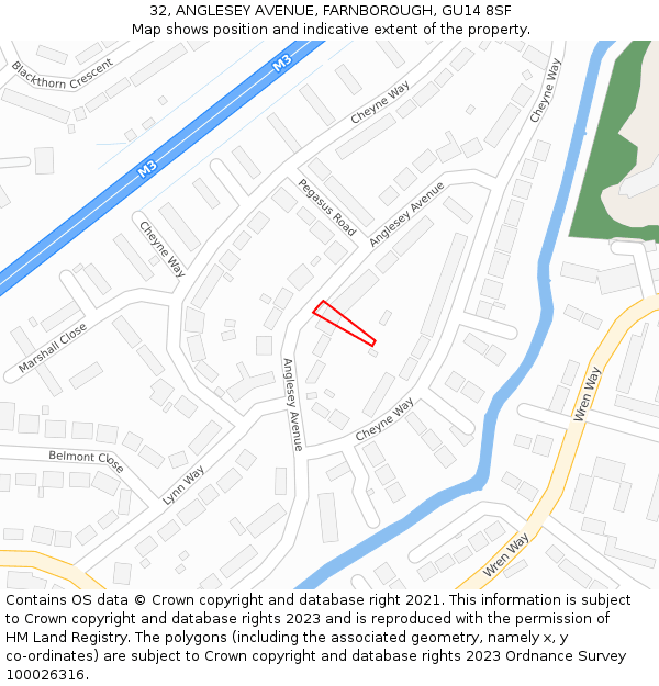 32, ANGLESEY AVENUE, FARNBOROUGH, GU14 8SF: Location map and indicative extent of plot