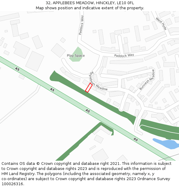 32, APPLEBEES MEADOW, HINCKLEY, LE10 0FL: Location map and indicative extent of plot