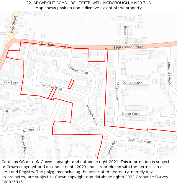 32, ARKWRIGHT ROAD, IRCHESTER, WELLINGBOROUGH, NN29 7HD: Location map and indicative extent of plot