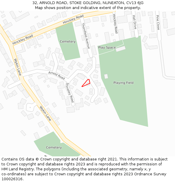 32, ARNOLD ROAD, STOKE GOLDING, NUNEATON, CV13 6JG: Location map and indicative extent of plot