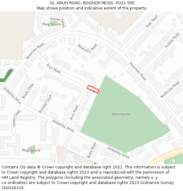 32, ARUN ROAD, BOGNOR REGIS, PO21 5PE: Location map and indicative extent of plot