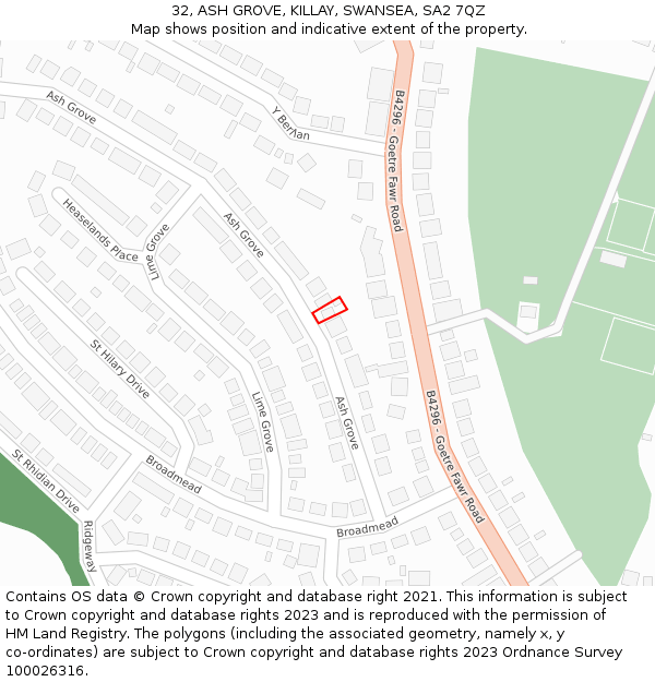 32, ASH GROVE, KILLAY, SWANSEA, SA2 7QZ: Location map and indicative extent of plot