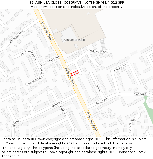 32, ASH LEA CLOSE, COTGRAVE, NOTTINGHAM, NG12 3PR: Location map and indicative extent of plot