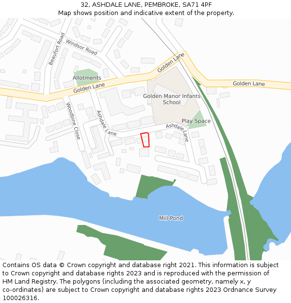 32, ASHDALE LANE, PEMBROKE, SA71 4PF: Location map and indicative extent of plot