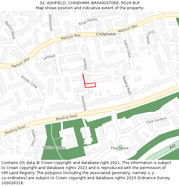 32, ASHFIELD, CHINEHAM, BASINGSTOKE, RG24 8UF: Location map and indicative extent of plot