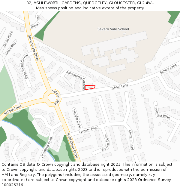 32, ASHLEWORTH GARDENS, QUEDGELEY, GLOUCESTER, GL2 4WU: Location map and indicative extent of plot