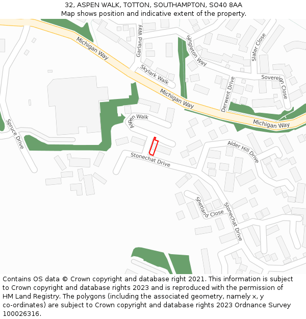 32, ASPEN WALK, TOTTON, SOUTHAMPTON, SO40 8AA: Location map and indicative extent of plot