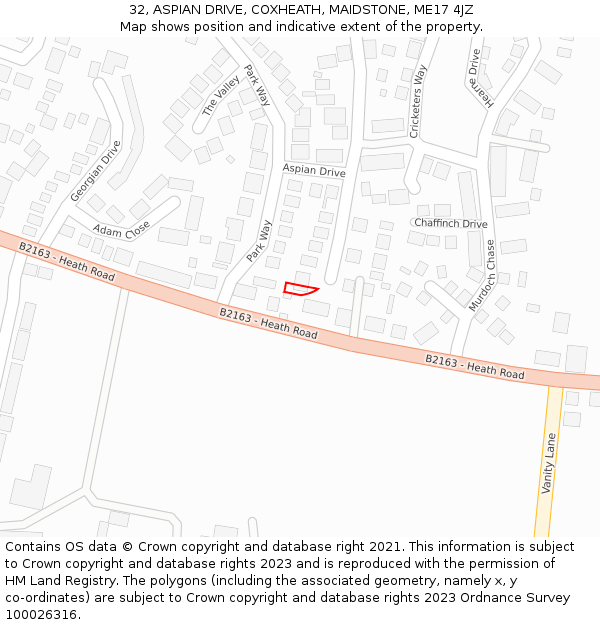 32, ASPIAN DRIVE, COXHEATH, MAIDSTONE, ME17 4JZ: Location map and indicative extent of plot
