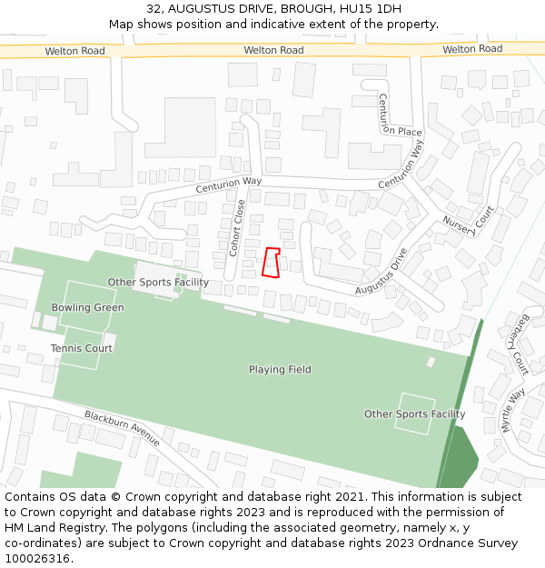 32, AUGUSTUS DRIVE, BROUGH, HU15 1DH: Location map and indicative extent of plot