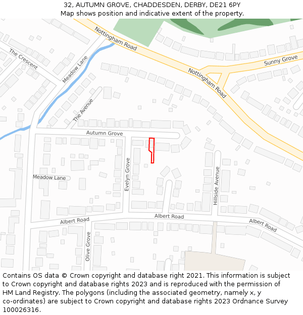 32, AUTUMN GROVE, CHADDESDEN, DERBY, DE21 6PY: Location map and indicative extent of plot