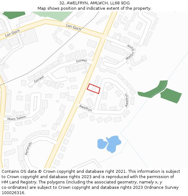 32, AWELFRYN, AMLWCH, LL68 9DG: Location map and indicative extent of plot