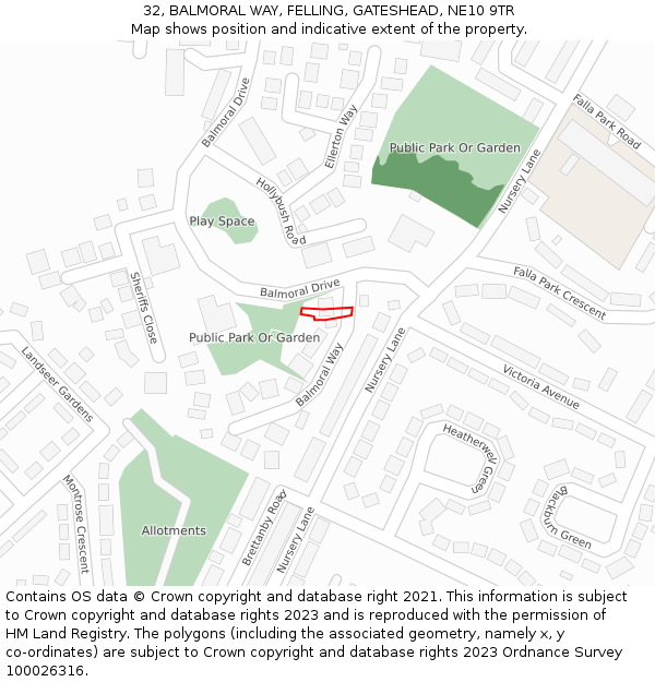 32, BALMORAL WAY, FELLING, GATESHEAD, NE10 9TR: Location map and indicative extent of plot