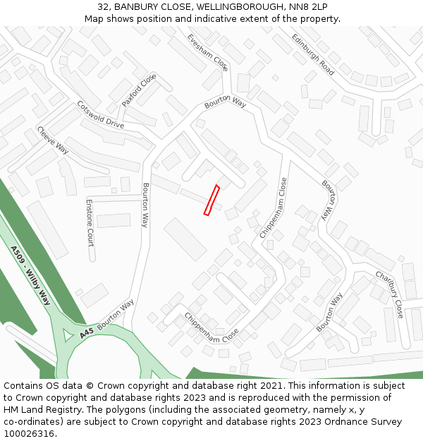 32, BANBURY CLOSE, WELLINGBOROUGH, NN8 2LP: Location map and indicative extent of plot