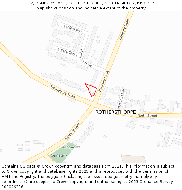 32, BANBURY LANE, ROTHERSTHORPE, NORTHAMPTON, NN7 3HY: Location map and indicative extent of plot