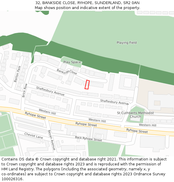 32, BANKSIDE CLOSE, RYHOPE, SUNDERLAND, SR2 0AN: Location map and indicative extent of plot