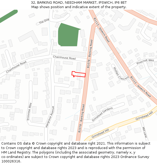 32, BARKING ROAD, NEEDHAM MARKET, IPSWICH, IP6 8ET: Location map and indicative extent of plot