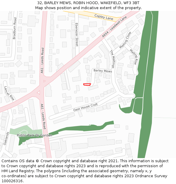 32, BARLEY MEWS, ROBIN HOOD, WAKEFIELD, WF3 3BT: Location map and indicative extent of plot