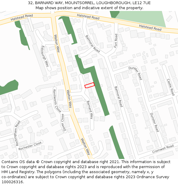 32, BARNARD WAY, MOUNTSORREL, LOUGHBOROUGH, LE12 7UE: Location map and indicative extent of plot