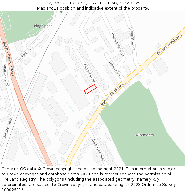 32, BARNETT CLOSE, LEATHERHEAD, KT22 7DW: Location map and indicative extent of plot