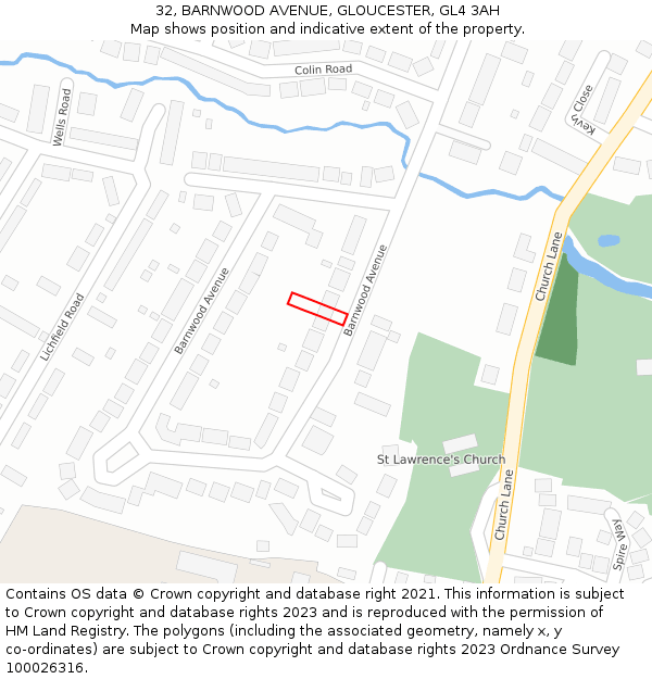 32, BARNWOOD AVENUE, GLOUCESTER, GL4 3AH: Location map and indicative extent of plot