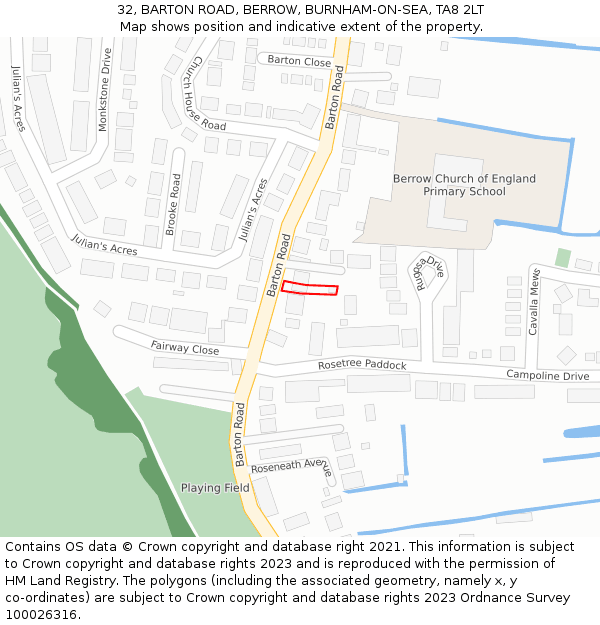 32, BARTON ROAD, BERROW, BURNHAM-ON-SEA, TA8 2LT: Location map and indicative extent of plot