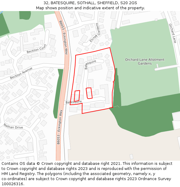 32, BATESQUIRE, SOTHALL, SHEFFIELD, S20 2GS: Location map and indicative extent of plot