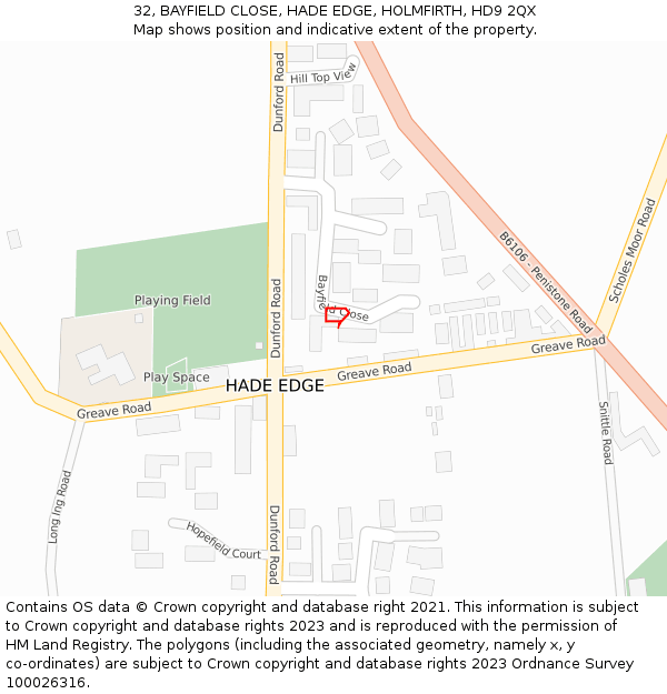 32, BAYFIELD CLOSE, HADE EDGE, HOLMFIRTH, HD9 2QX: Location map and indicative extent of plot