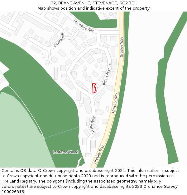 32, BEANE AVENUE, STEVENAGE, SG2 7DL: Location map and indicative extent of plot